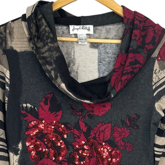 VTG 90’s Joseph Ribkoff Striped Cowl Neck Hooded Floral Sequin Print Hoodie 10 - Picture 2 of 8
